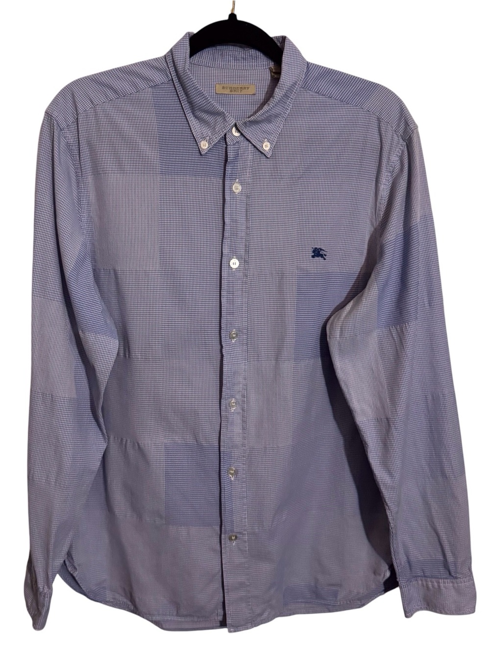 Burberry Brit Men’s Size Large Blue Check Patchwork Button Up Shirt Cotton